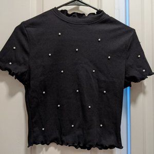 SHEIN Lettuce Trim Pearl Beading Crop Tee